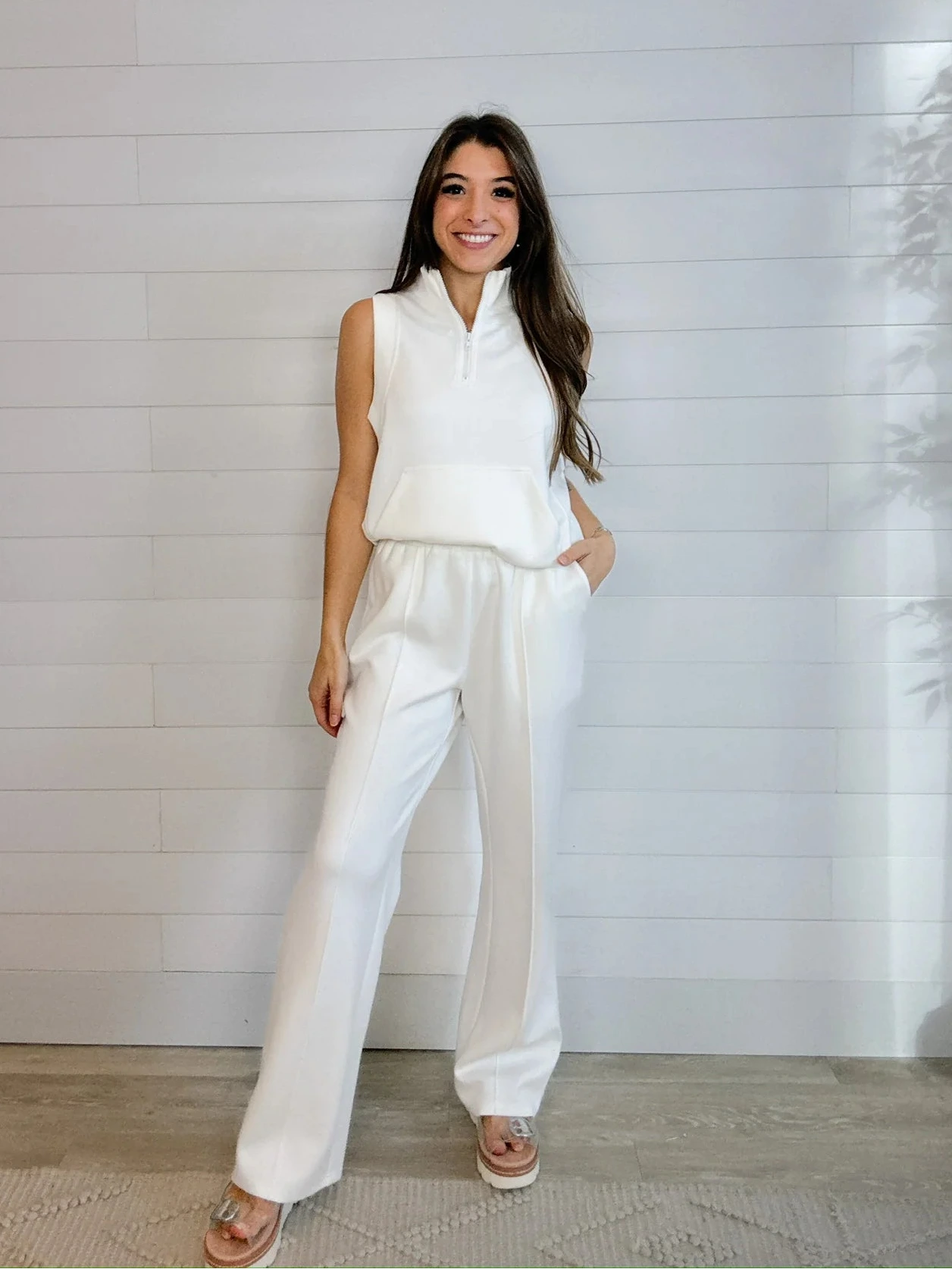 Mac and Me ivory wide leg pull on pant front view