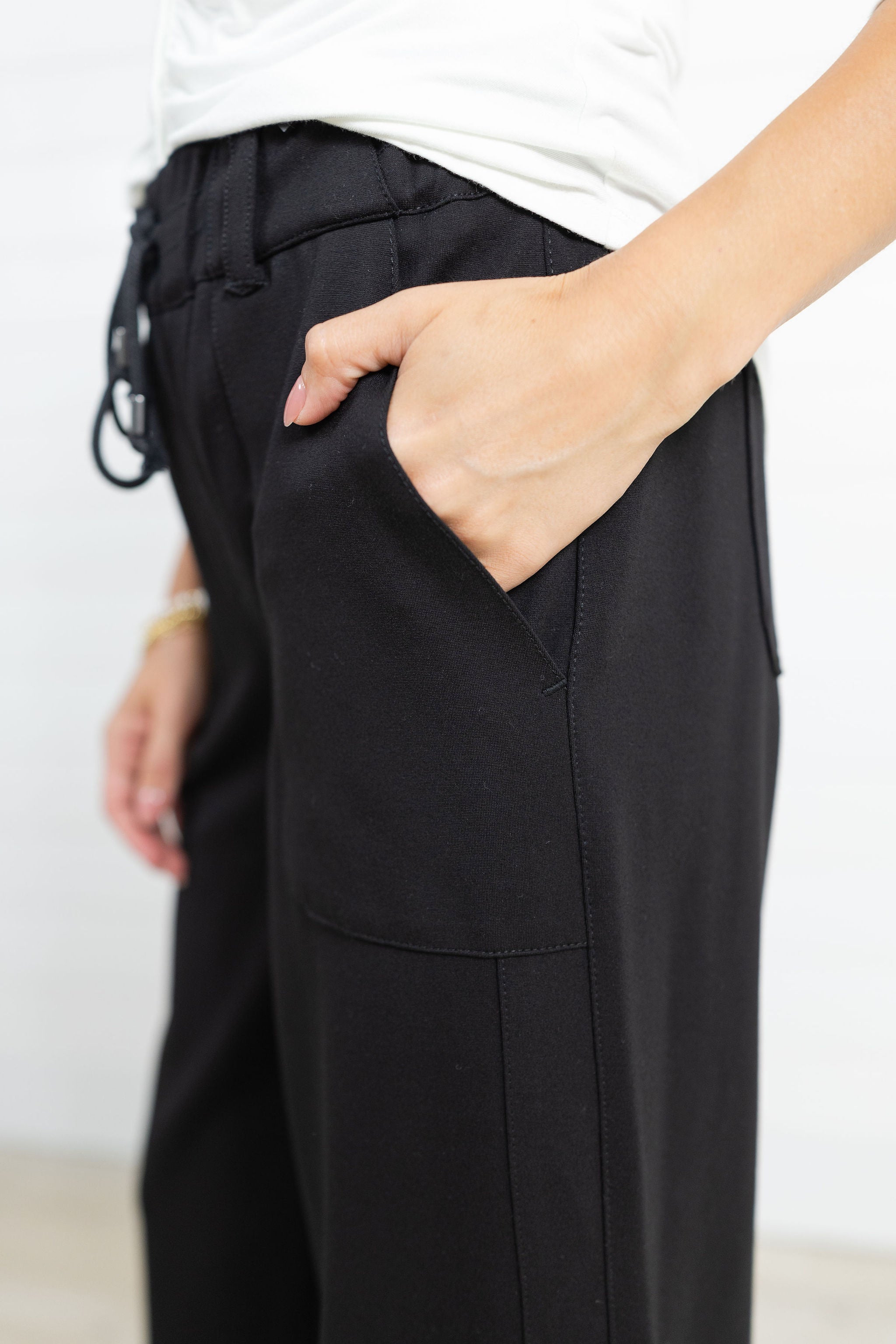 Closeup waist tie detail on Mac and Me Ponte Trouser