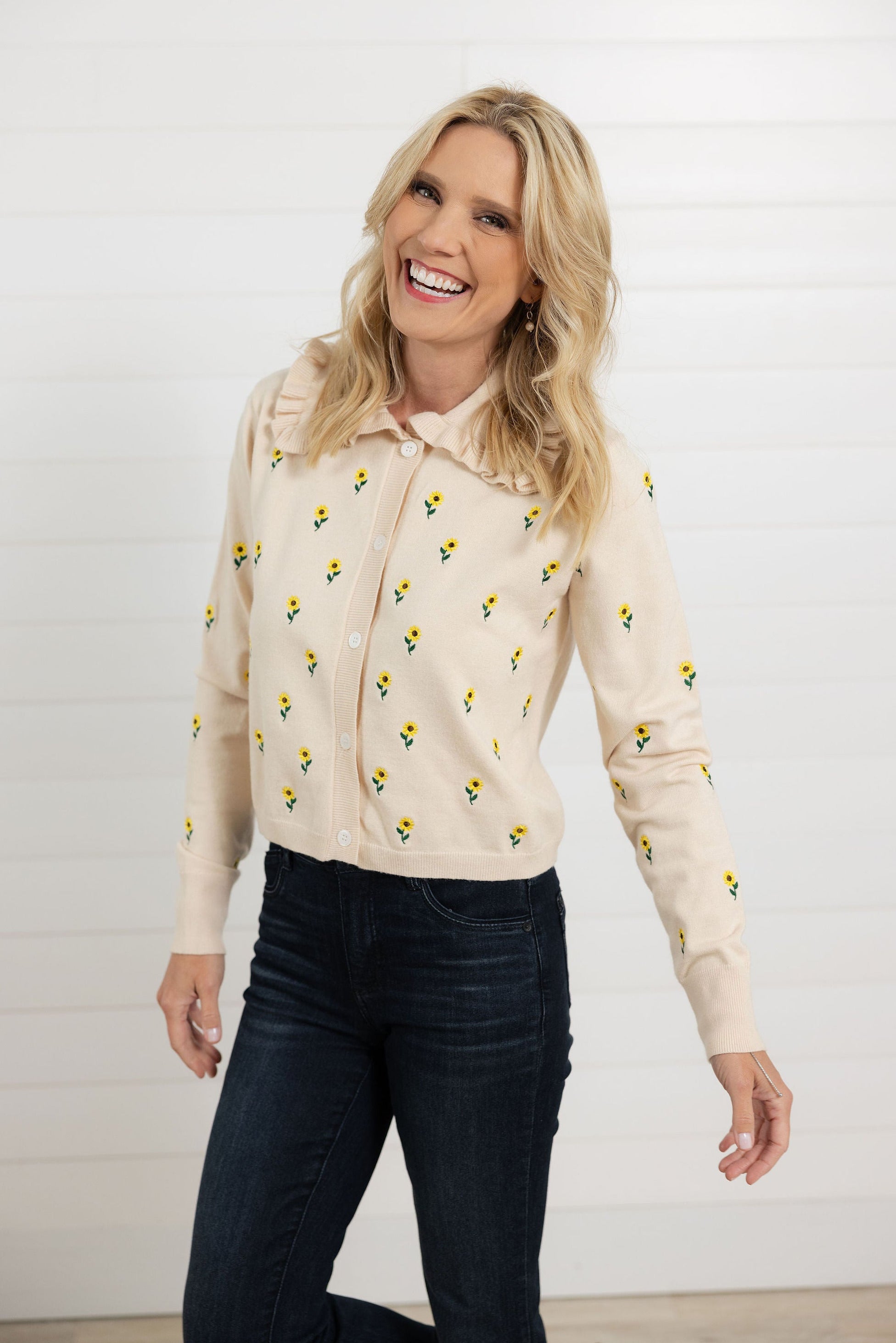 Mac and Me cream embroidered sunflower sweater with ruffle collar paired with Mac and Me denim