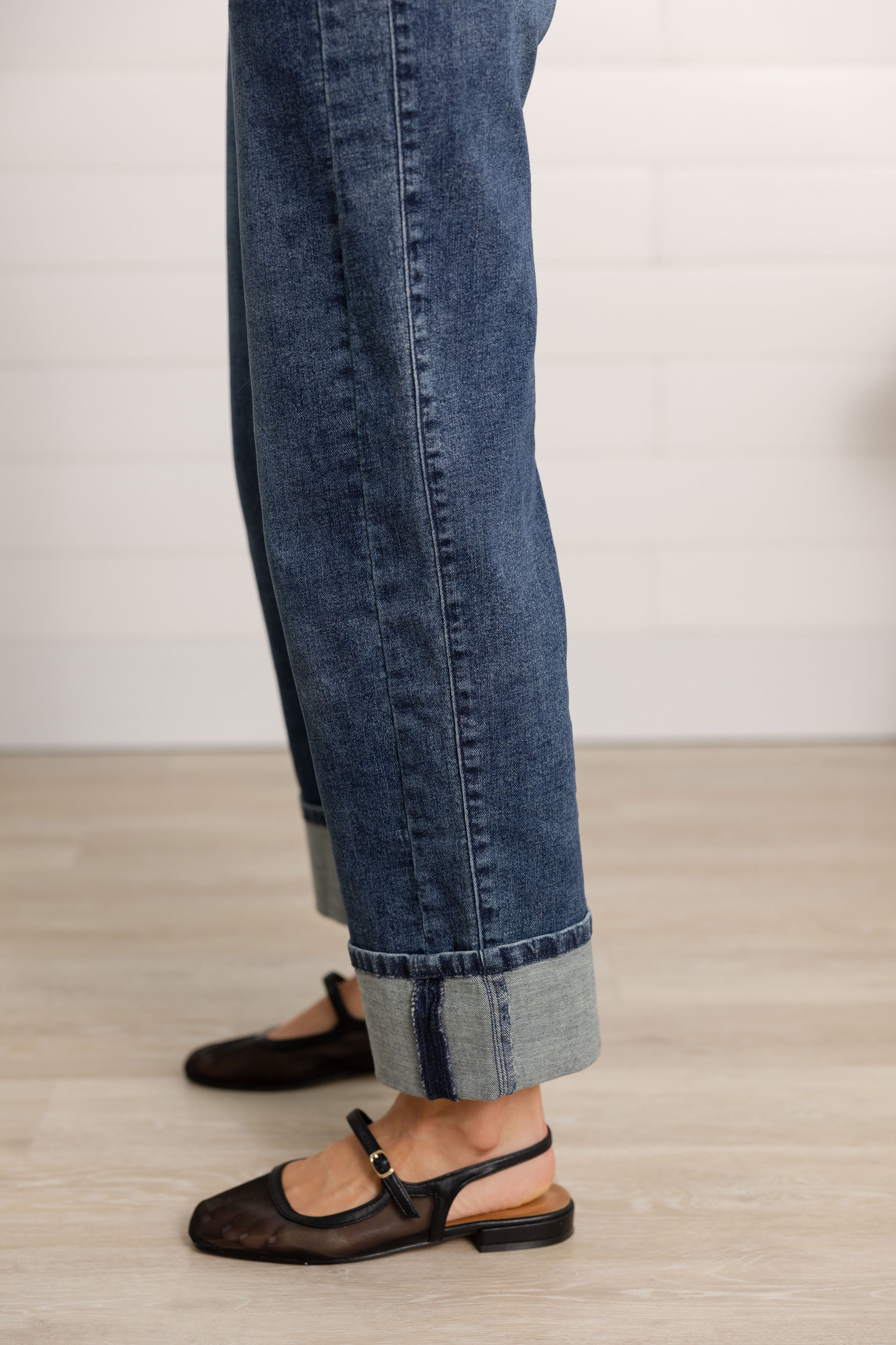 Details from the side and bottom of the Mac and Me denim.  Details show the side panel and the cuffed bottoms.  Finishing off the look with cute slingback mary jane mesh shoes.