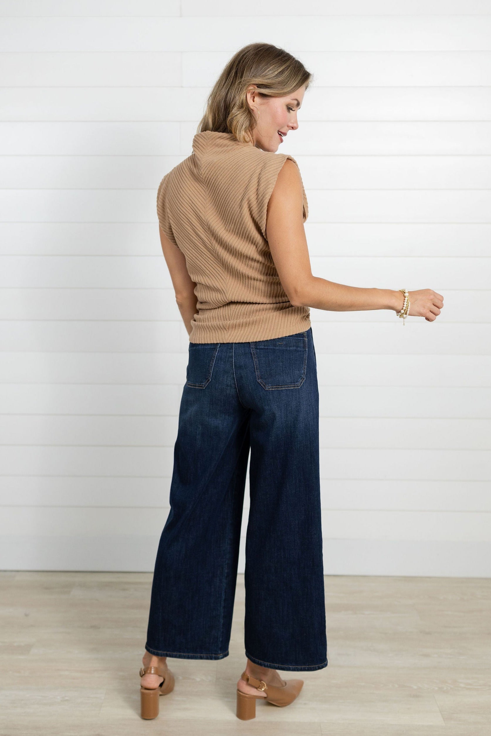 Model showing the back side of the Mac and Me Wide Leg Denim.