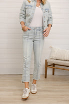 Mac and Me bleached blue front seam kick flare jeans frayed hem