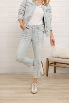 Mac and Me bleached blue front seam kick flare jeans frayed hem