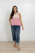 full outfit view of woman wearing the mac and me striped swing top in pink stripes with mac and me denim