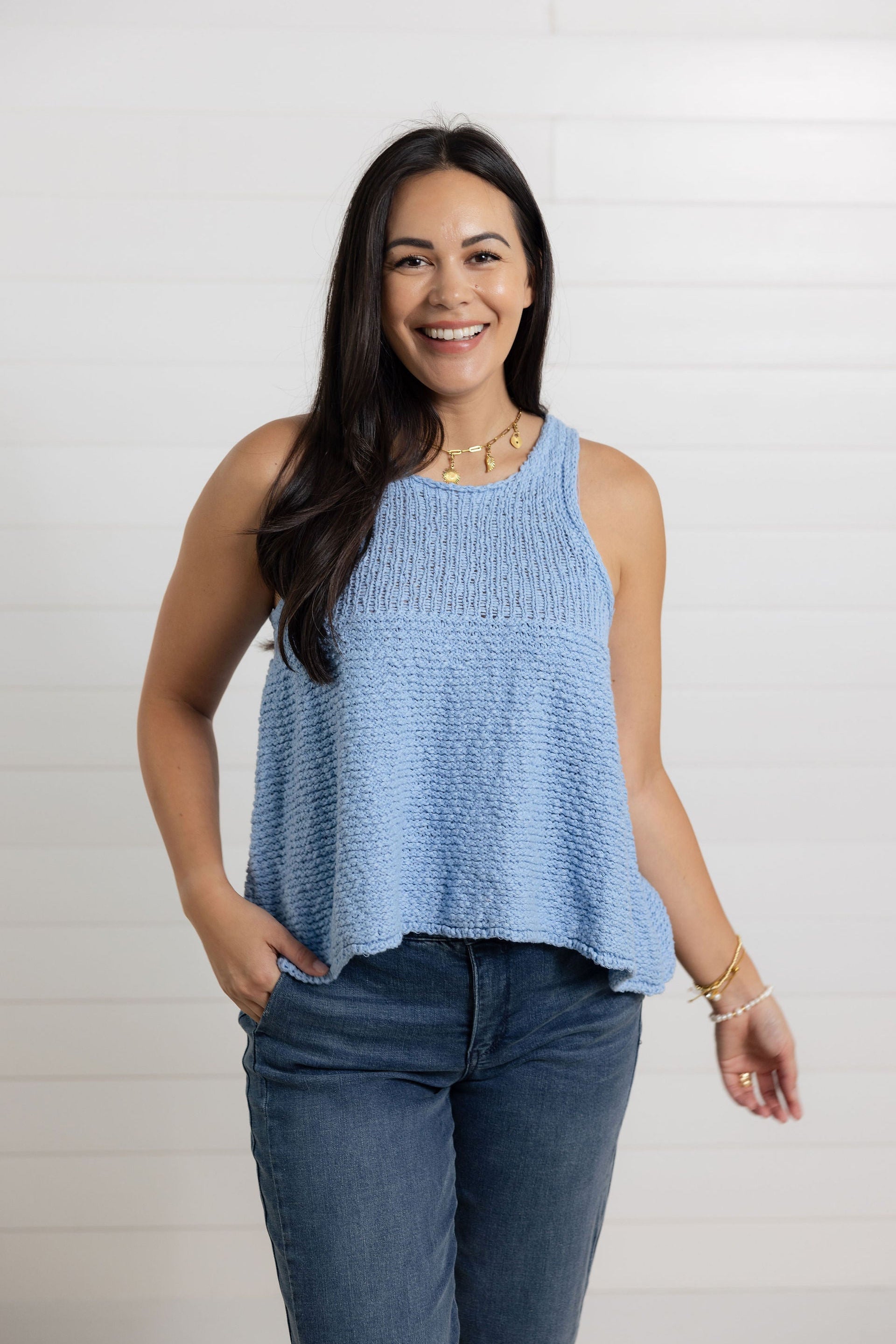 front of mac and me swing sweater top in light blue