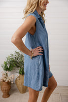 side of shirtdress in chambray blue