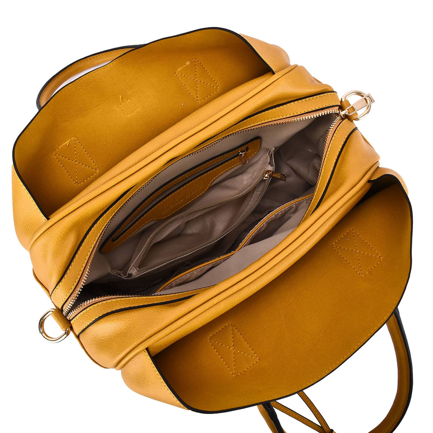 showing the interior of the structured 3-Compartment Satchel in Mustard.