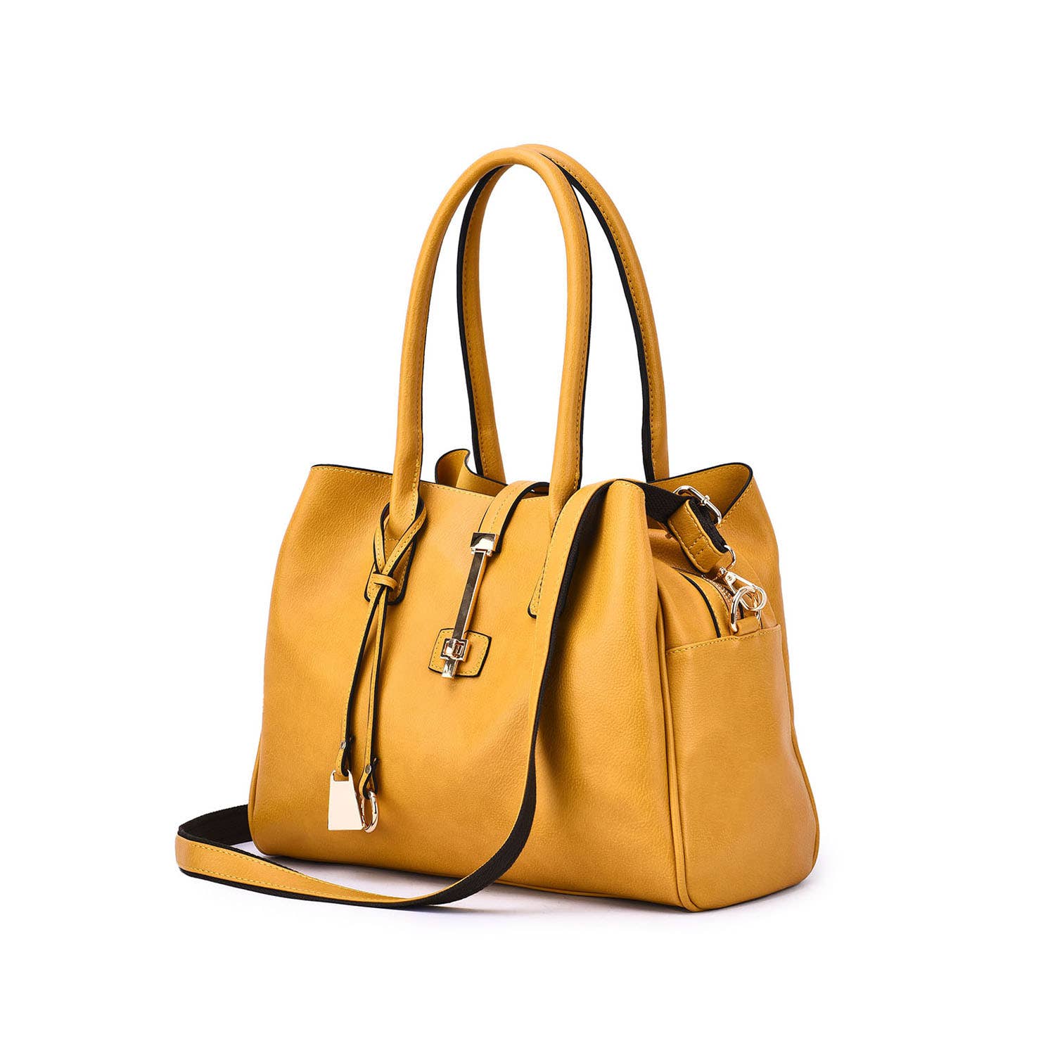 front view and side view of the Structured 3-Compartment Satchel in Mustard