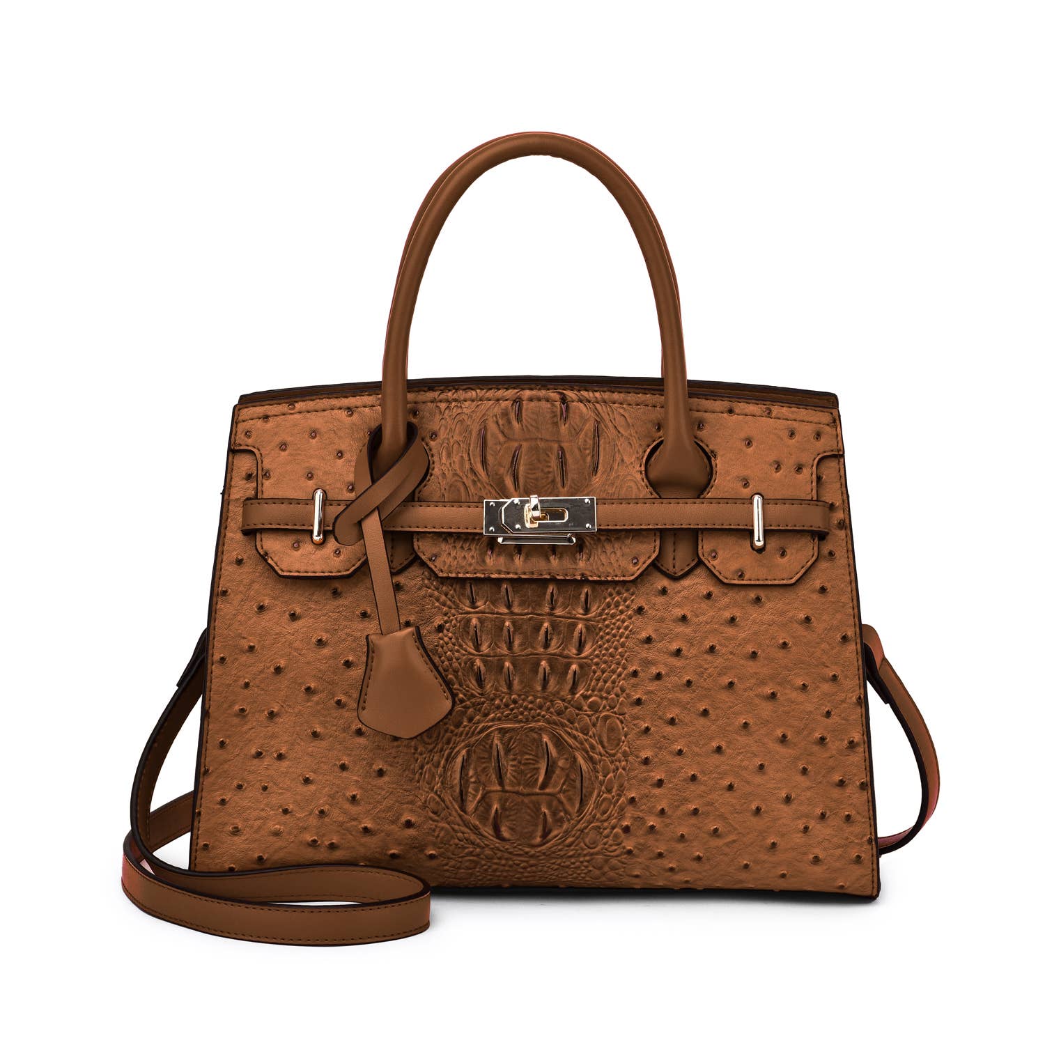 Virginia Ostrich Embossed Vegan Leather Satchel with Removable Strap in the color cognac.

