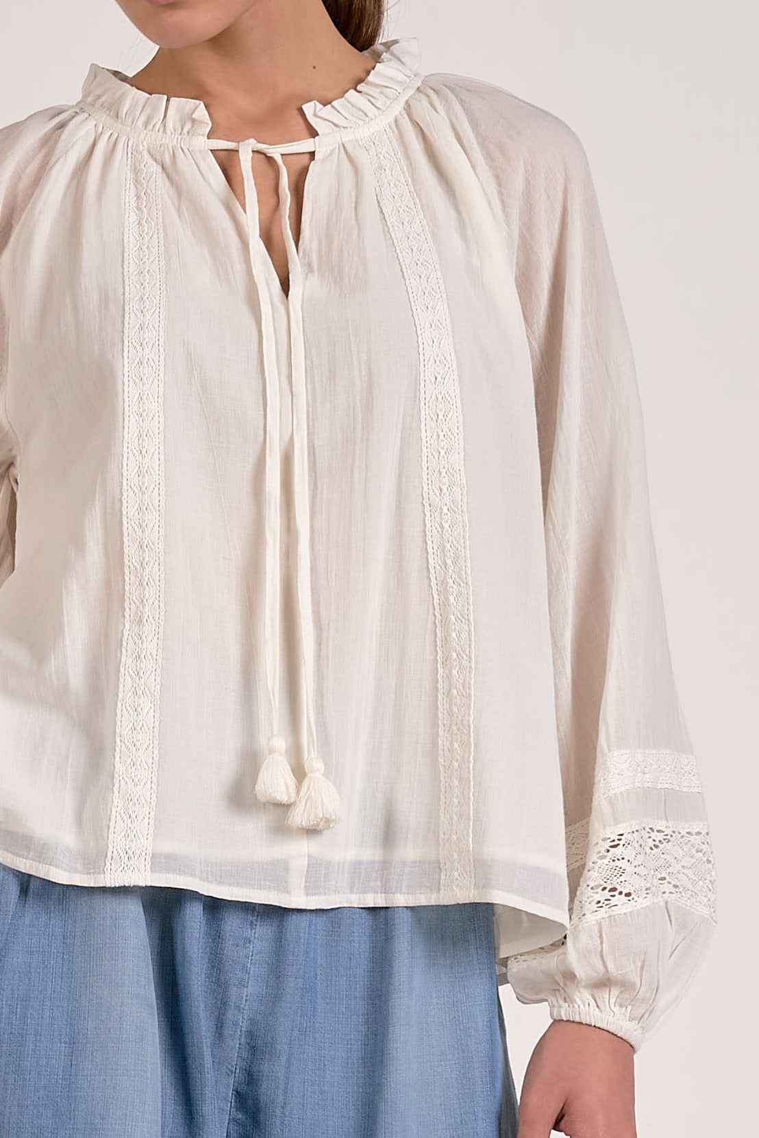 details on the airy cotton tie front blouse in soft white