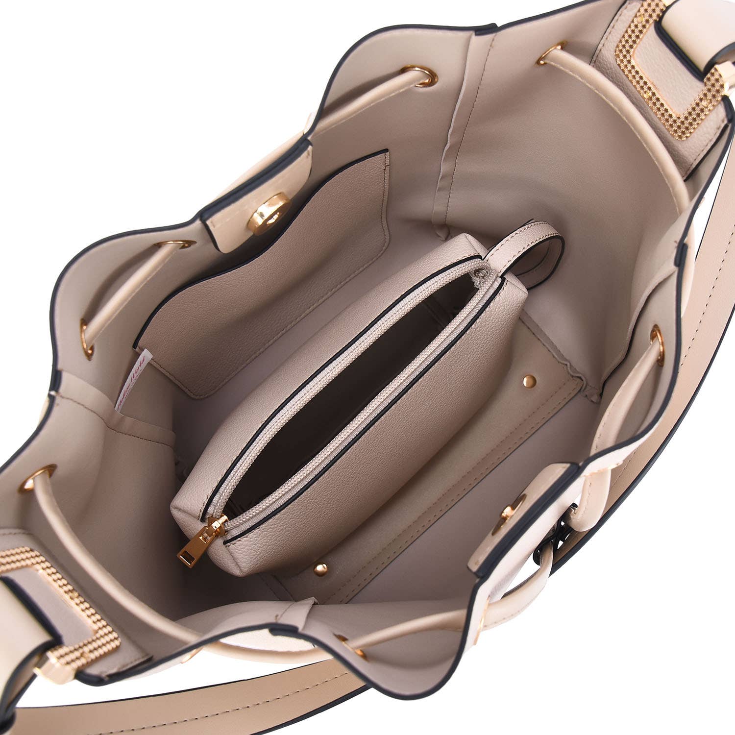 Showing the interior of the Ashby Handbag and the tote inside.
