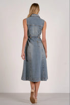 denim midi dress back view belted waist a line silhouette
