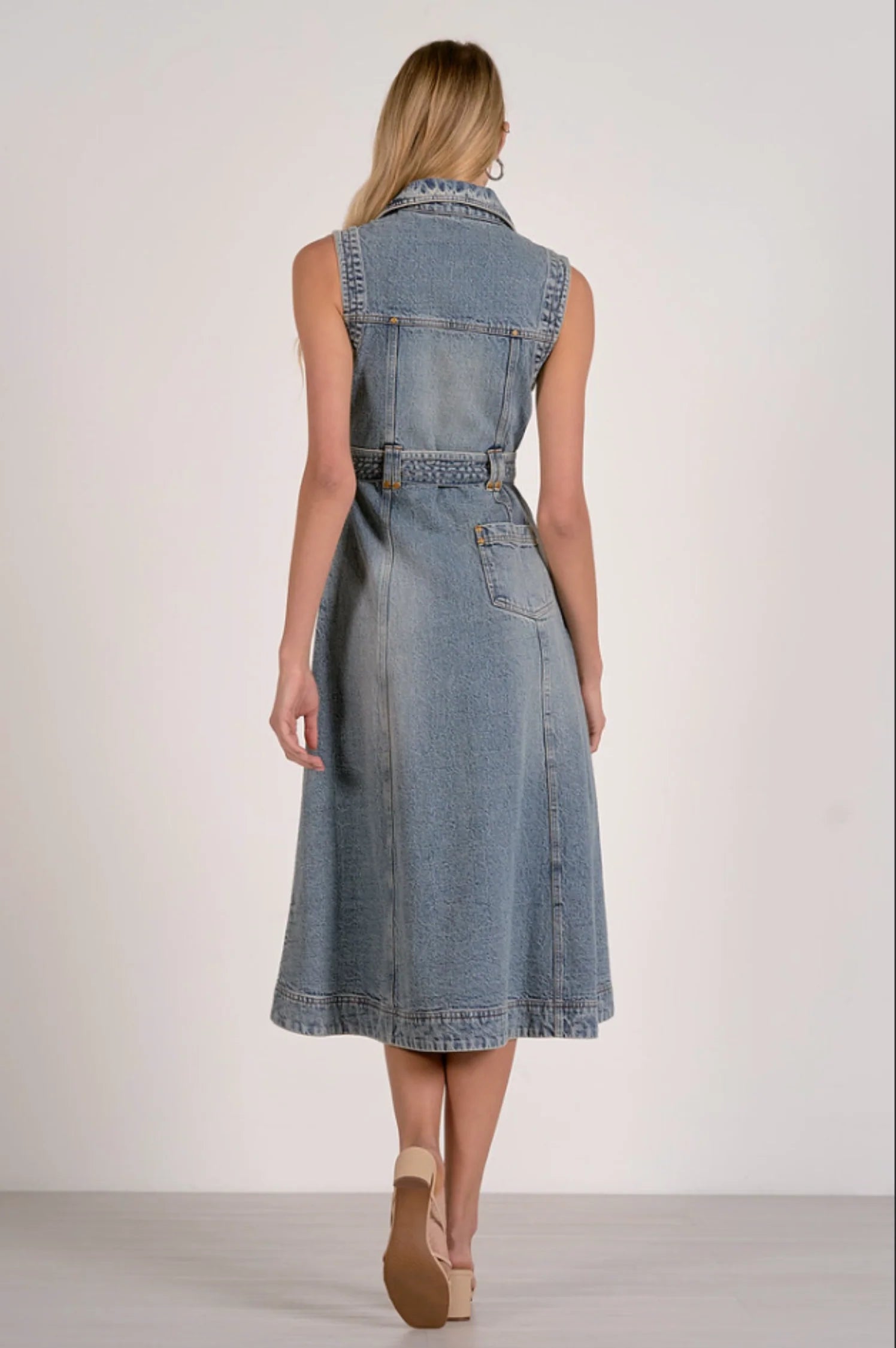 denim midi dress back view belted waist a line silhouette