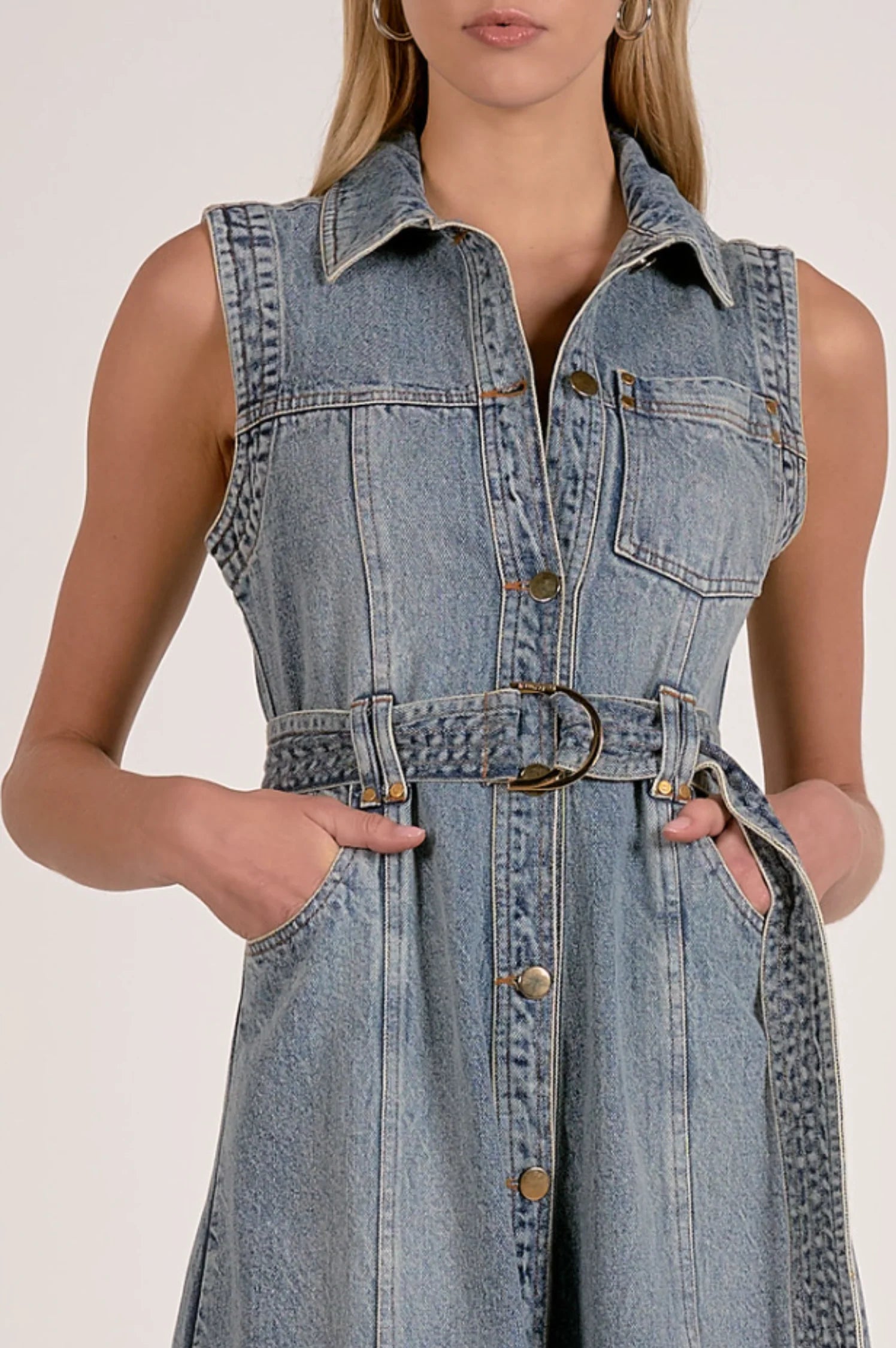 close up view of denim dress detail button front belt waist classic cotton midi dress
