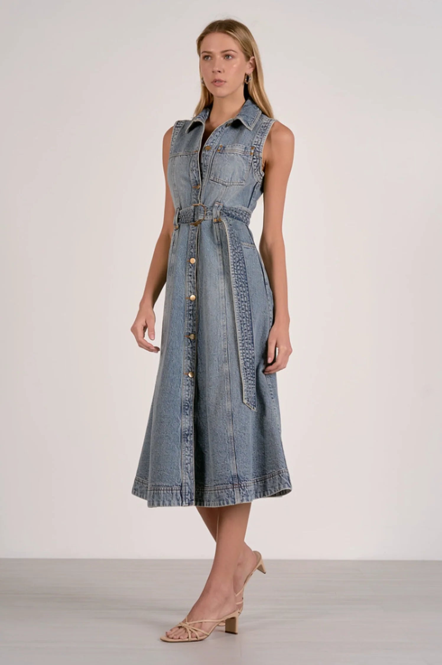 side view of denim midi dress in classic denim wash
