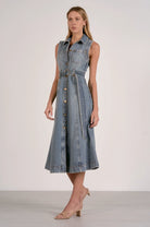 side view of denim midi dress in classic denim wash