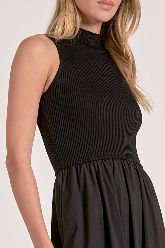 Close up of ribbed bodice and soft cotton blend fabric on black sleeveless maxi dress, Mainstream Boutique
