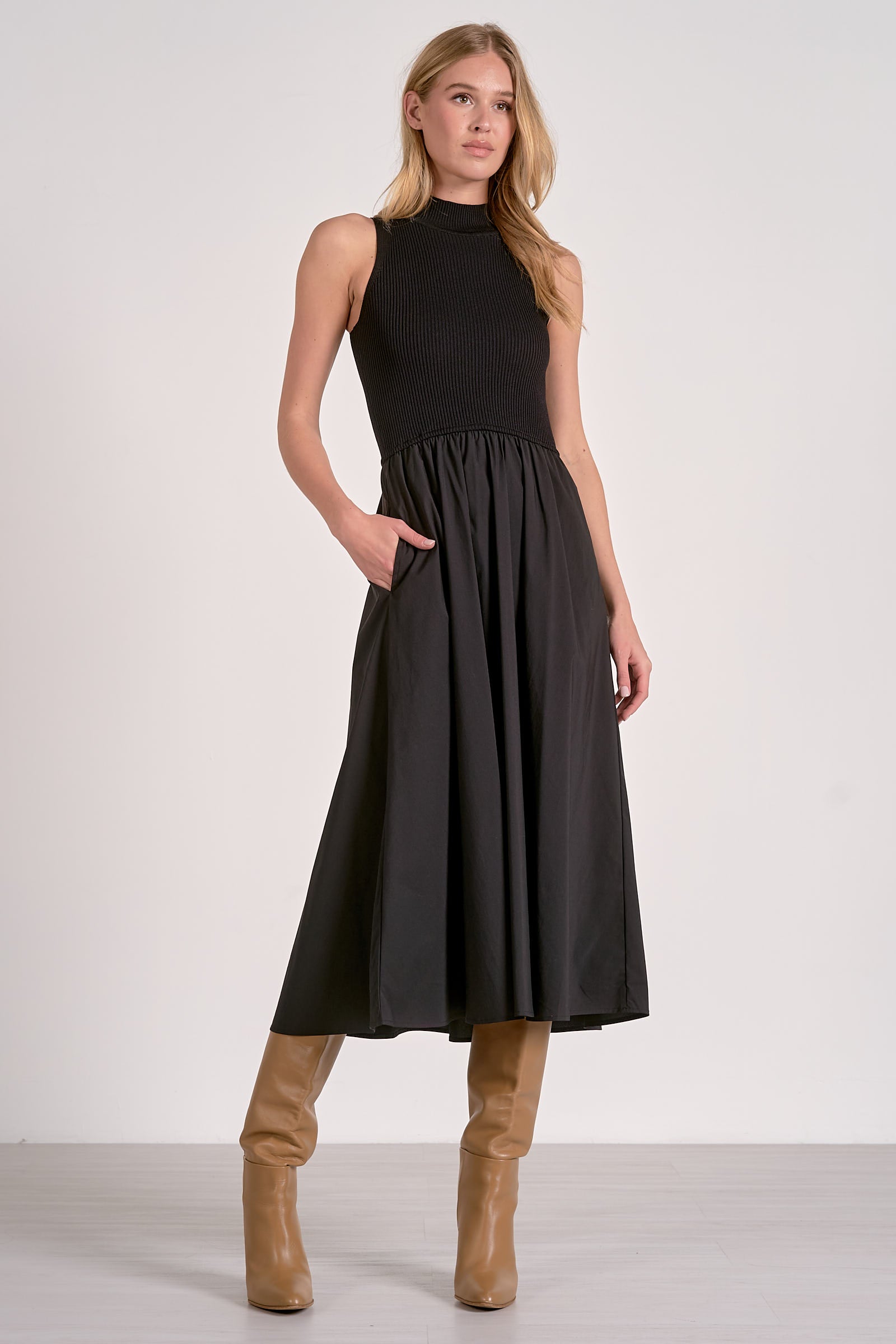 Black maxi mock neck sleeveless dress with ribbed bodice and soft cotton blend fabric, boutique fashion in Bloomington