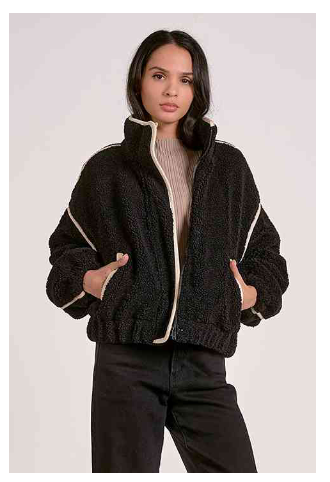 Black women’s boutique sherpa style bomber jacket contrast trim