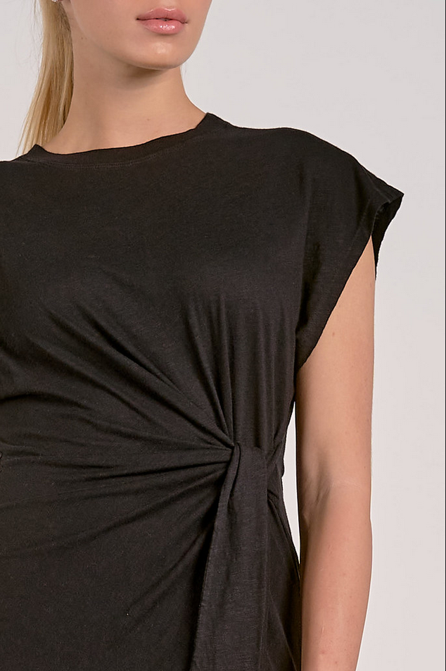 black mini dress with side tie detail and cap sleeves detailed view