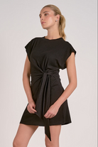 simple black dress with flattering waist tie and relaxed fit