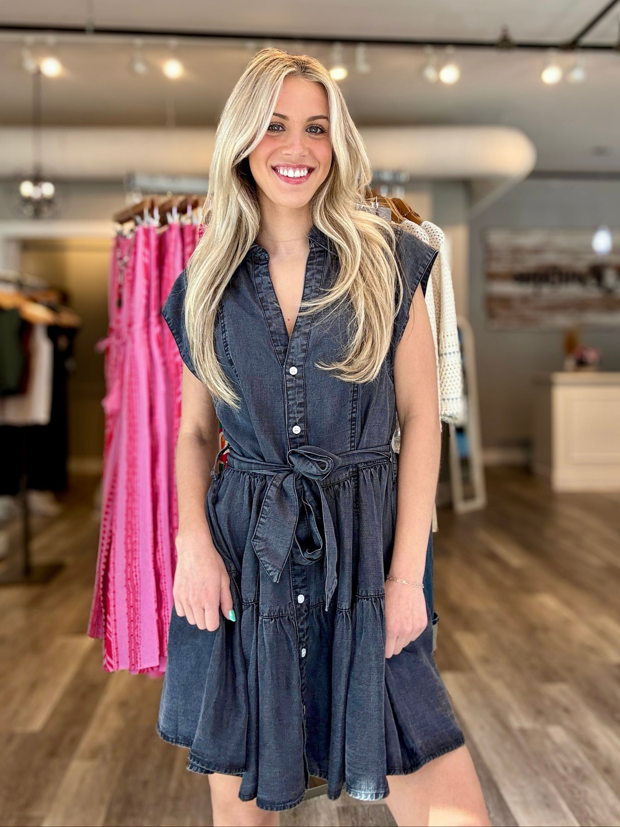 Black washed denim dress with tie waist in Mainstream Boutique Bloomington