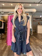 Black washed denim dress with tie waist in Mainstream Boutique Bloomington
