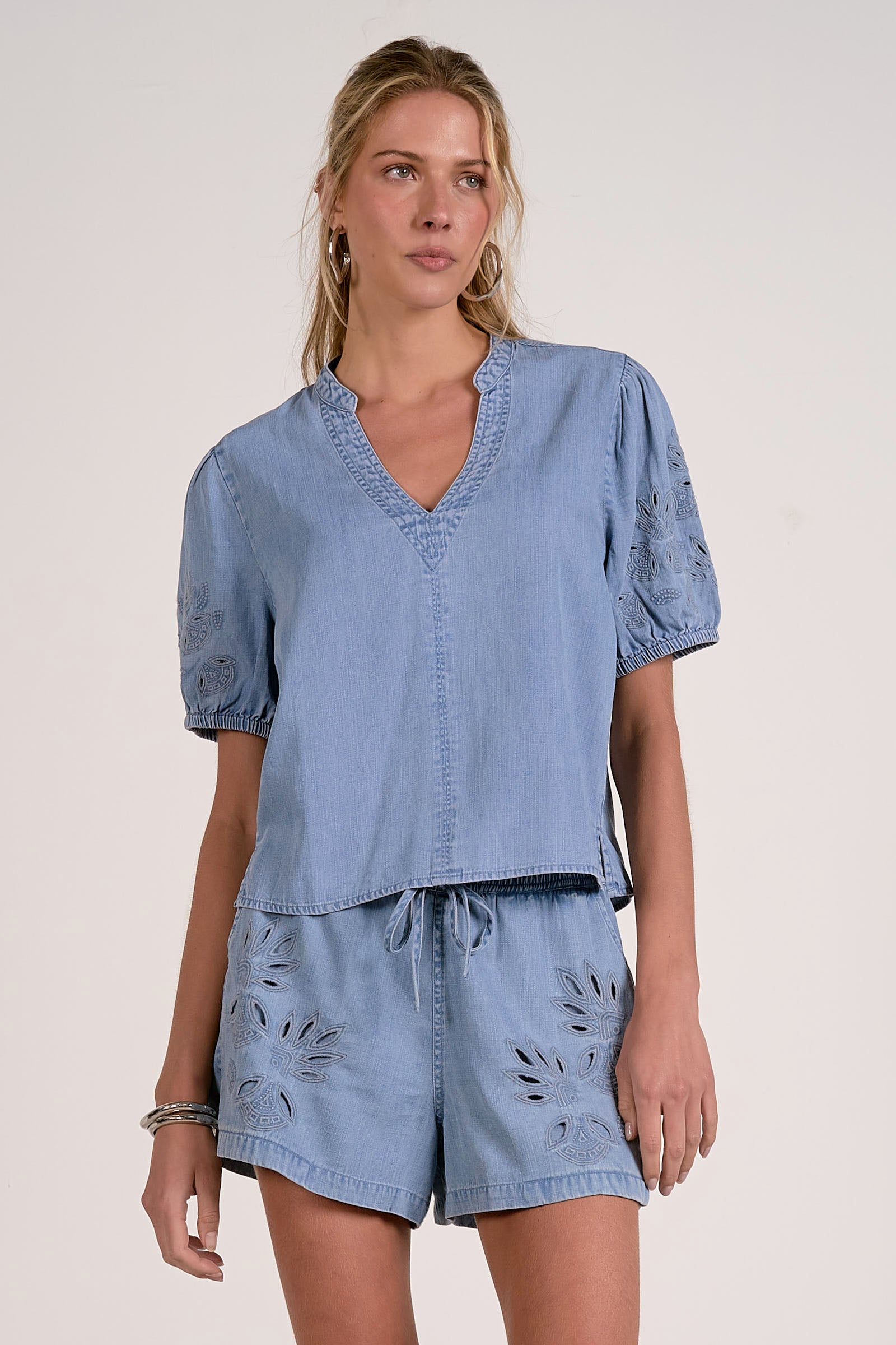 front of embroidered sleeve chambray blouse relaxed fit summer top