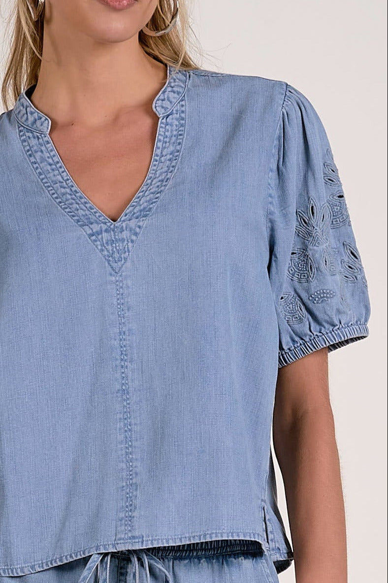 chambray v neck top embroidered sleeve detail blue lightweight blouse