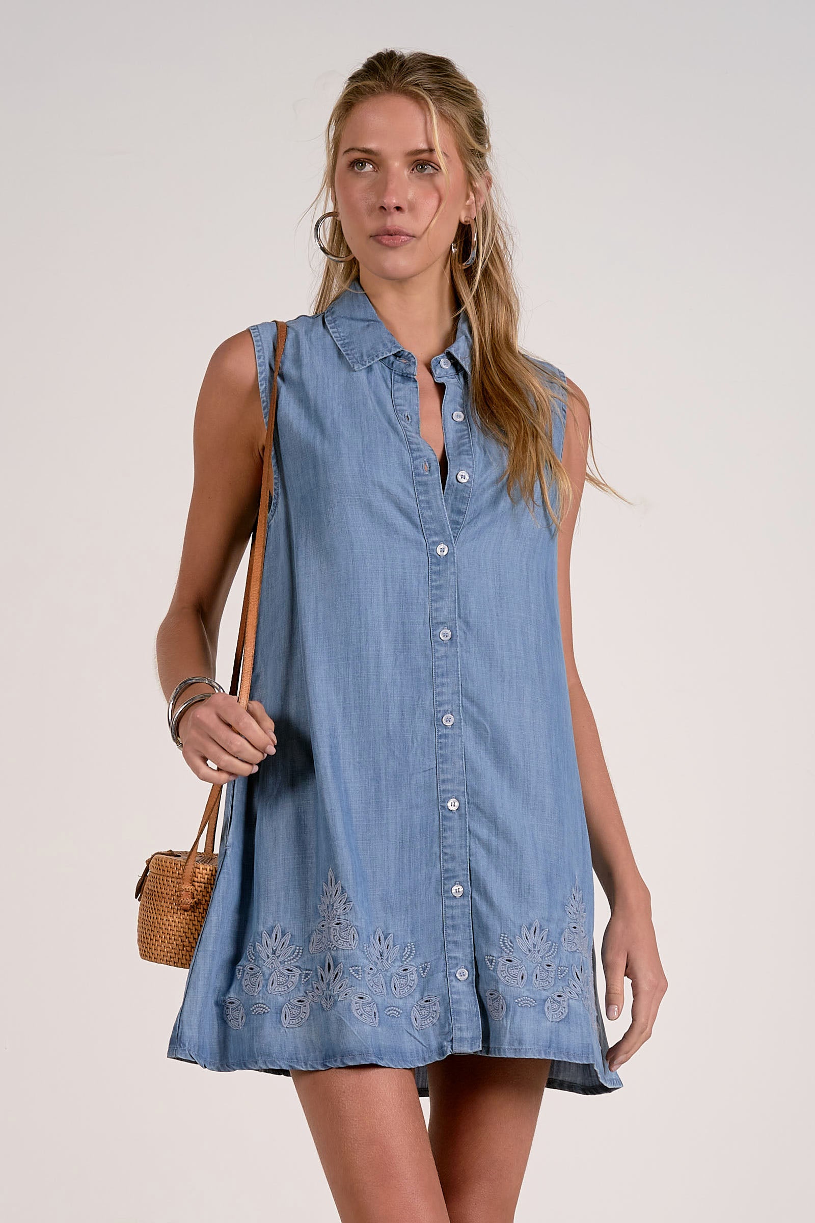front of chambray sleeveless shirtdress button front lightweight denim look dress