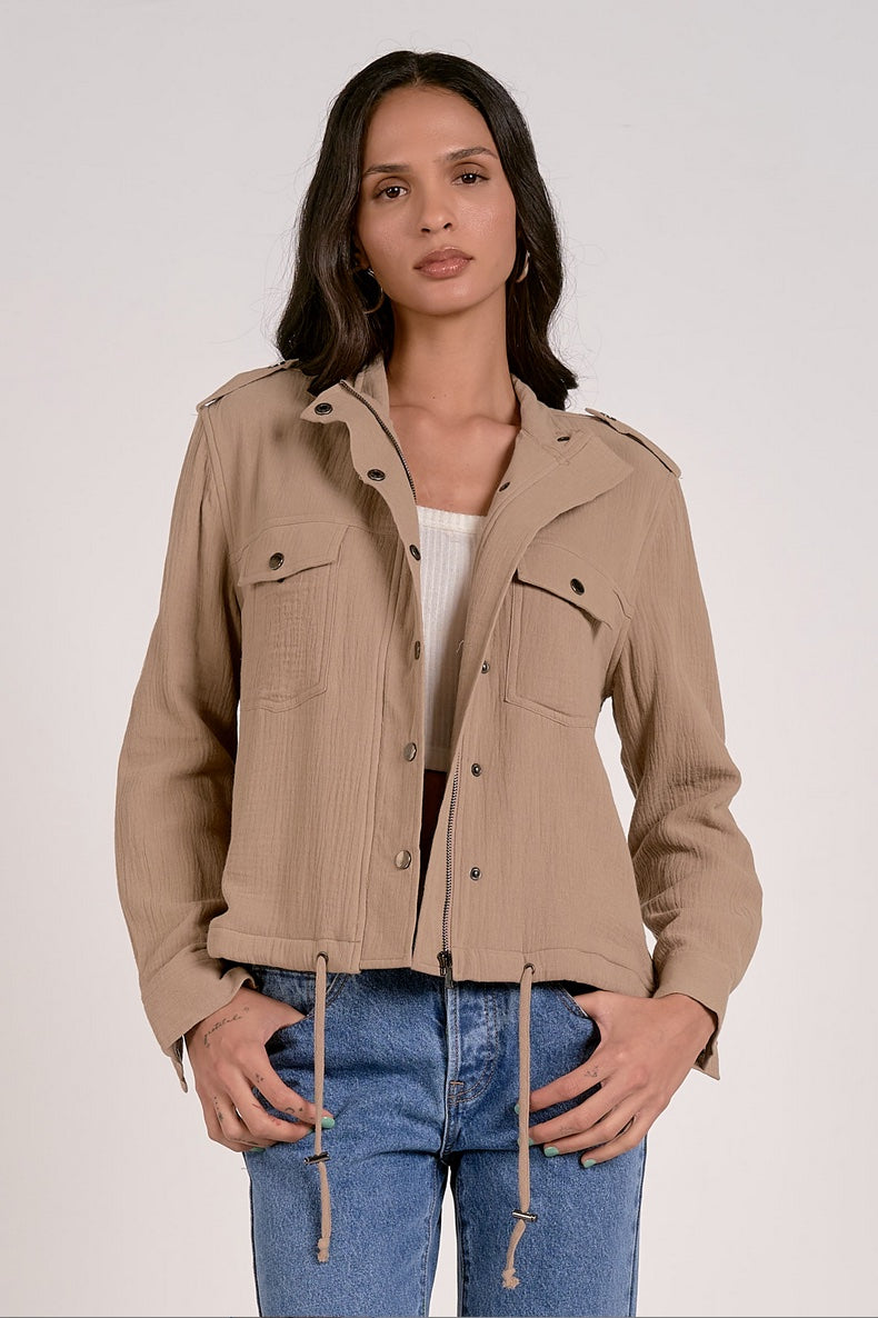 Khaki double gauze zip front jacket with drawstring waist on model
