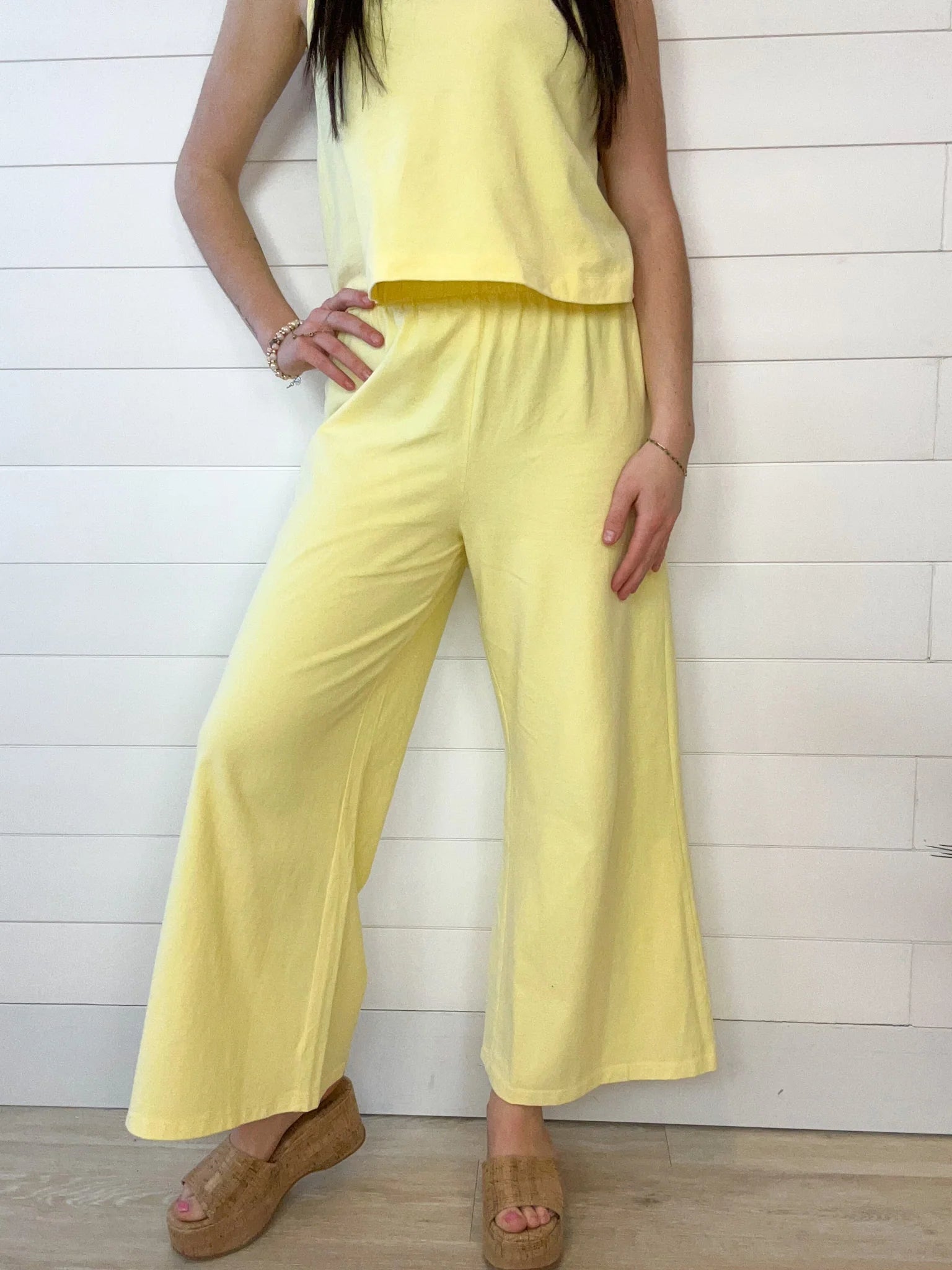 Front of Mac and Me cozy pant in sunshine yellow