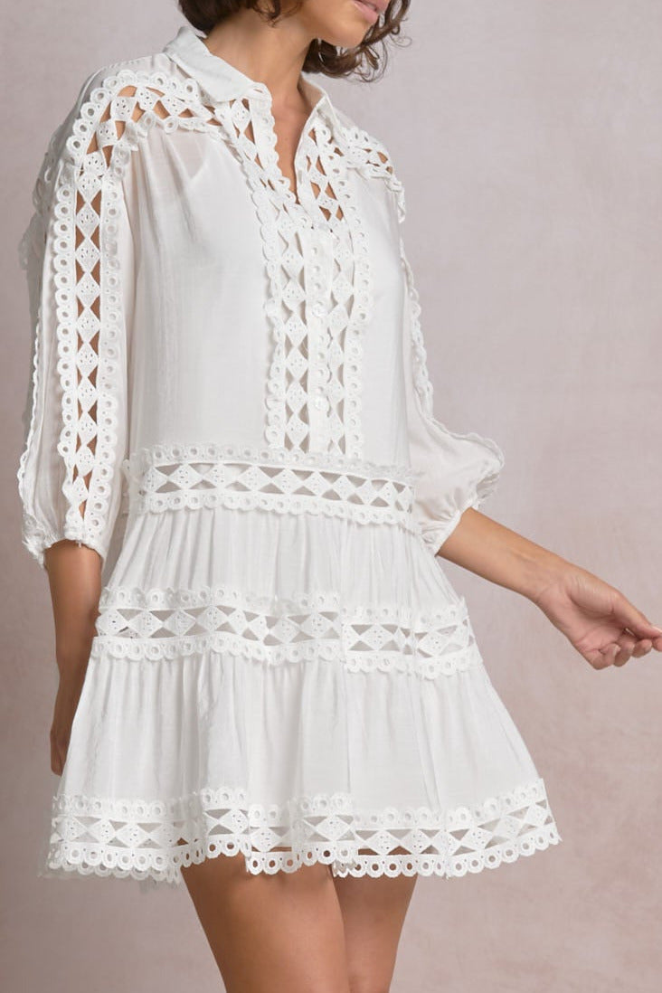 details on boho white dress with crochet accents flowy summer mini dress