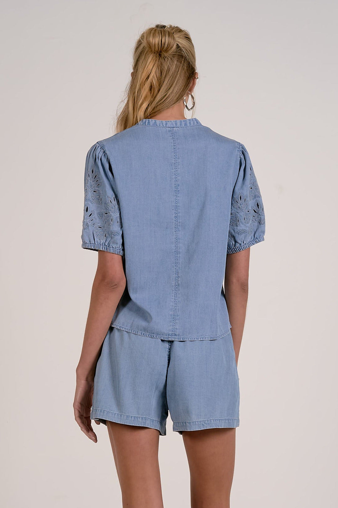 back of embroidered sleeve chambray blouse relaxed fit summer top