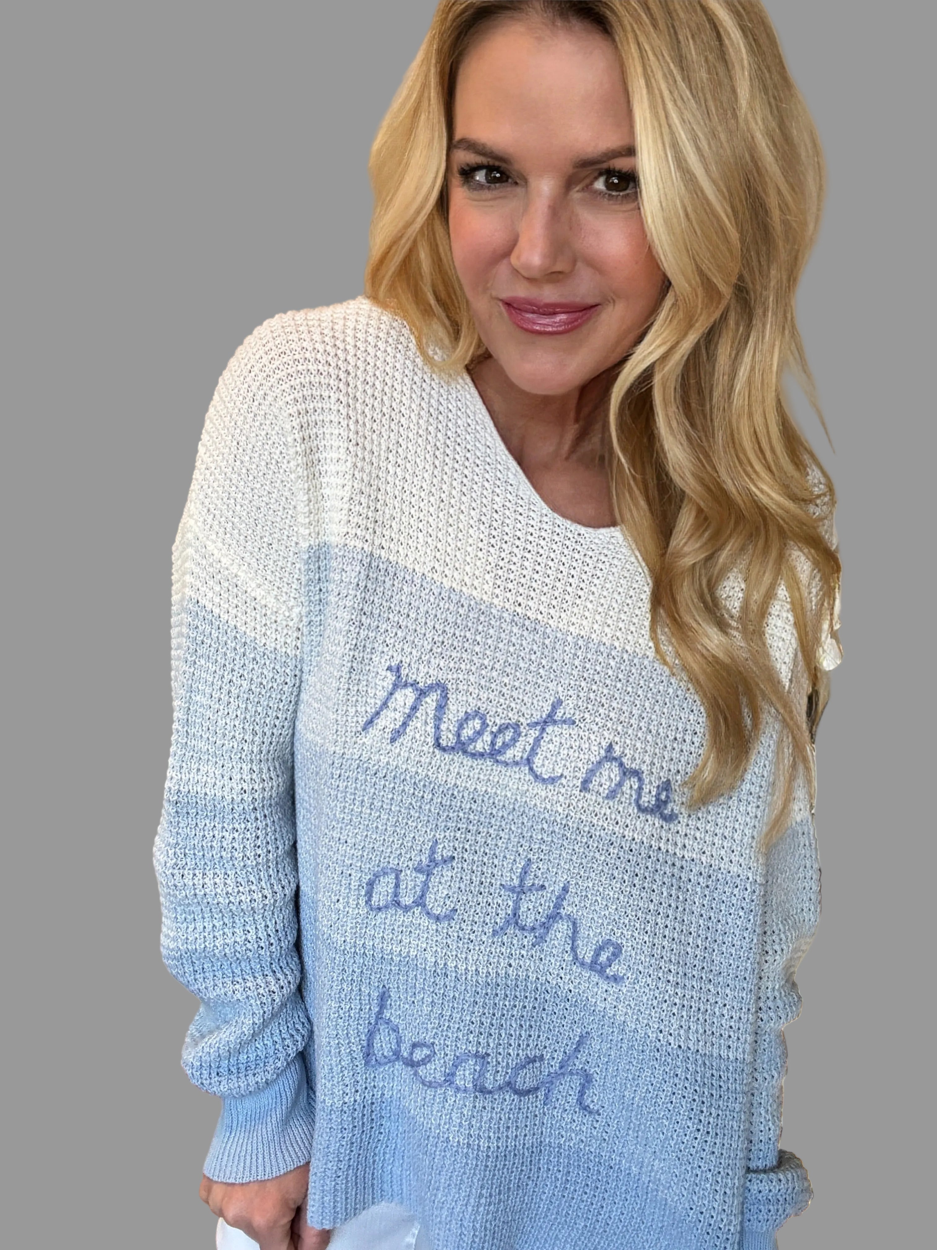Dip dye blue and white sweater with 'Meet Me at the Beach' embroidery from Mainstream Boutique Bloomington