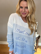 Dip dye blue and white sweater with 'Meet Me at the Beach' embroidery from Mainstream Boutique Bloomington