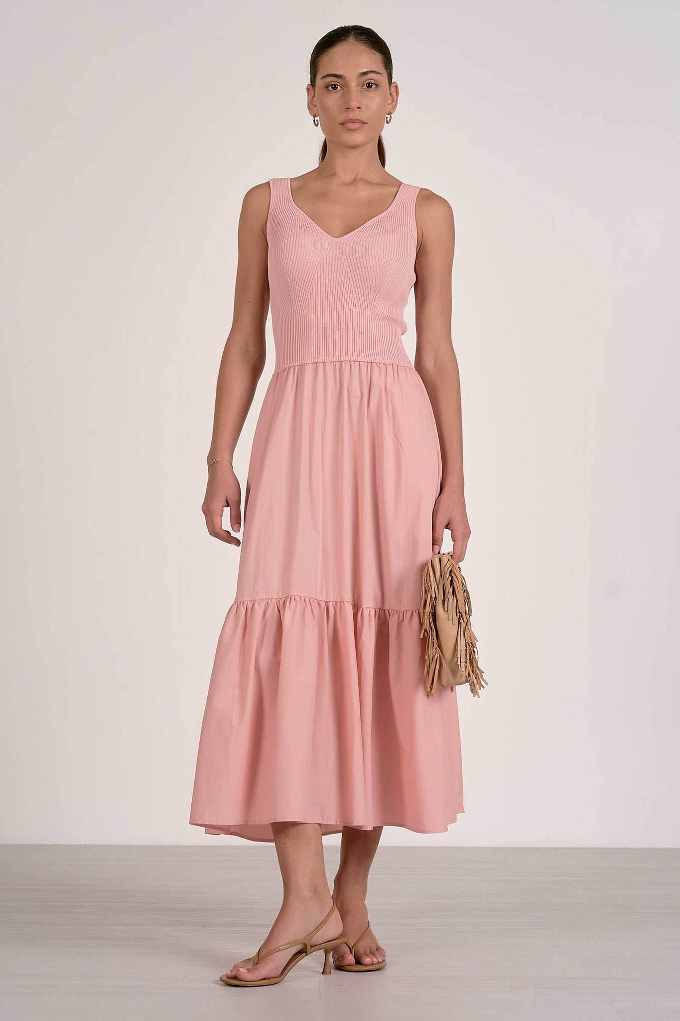 front view of Ribbed Knit Mixed Media Midi Dress in pink