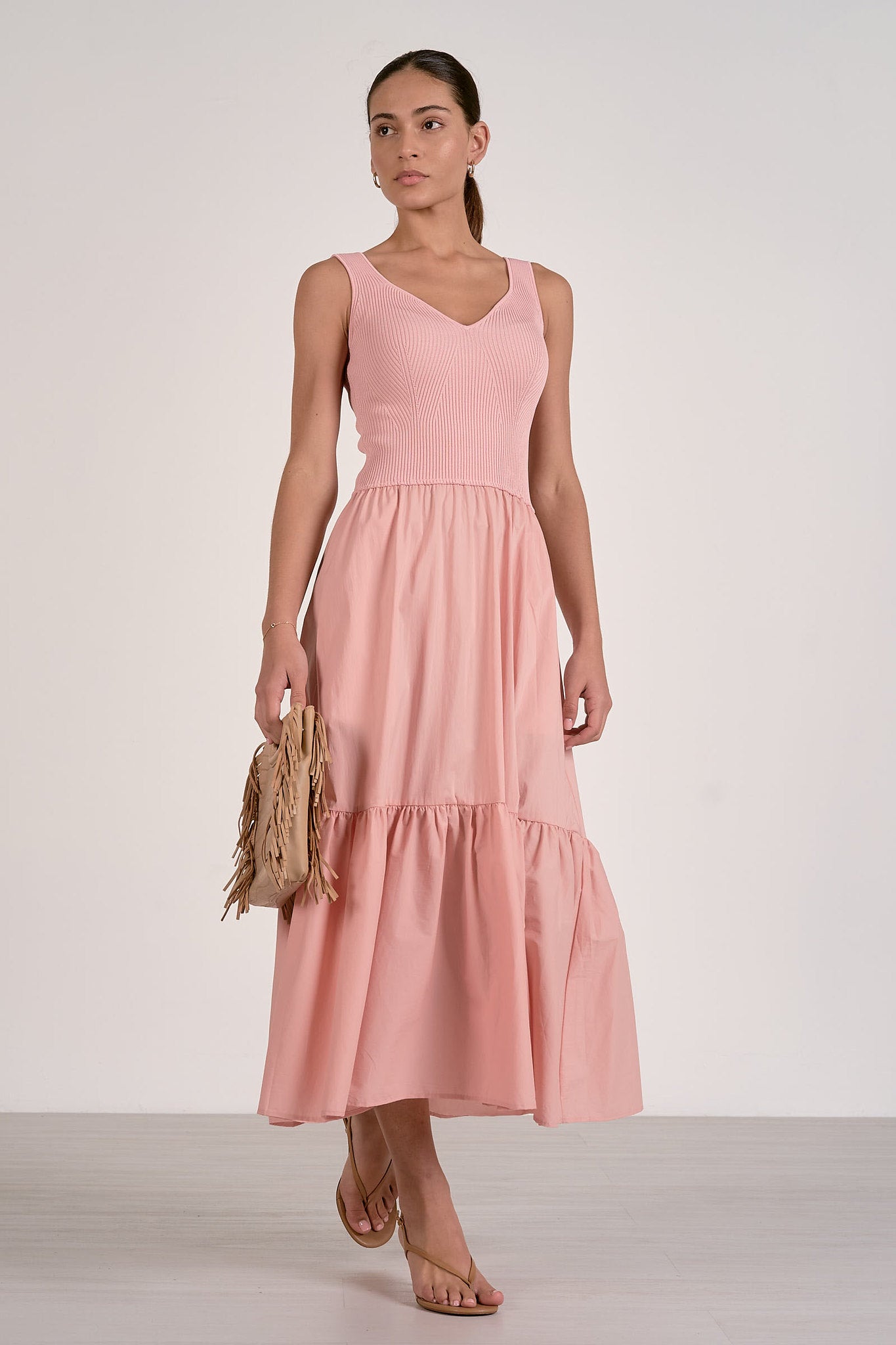 Blush Ribbed Knit Mixed Media Midi Dress