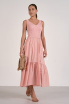 Blush Ribbed Knit Mixed Media Midi Dress