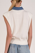 back of cap sleeve mixed media sweater top with contrast collar detail