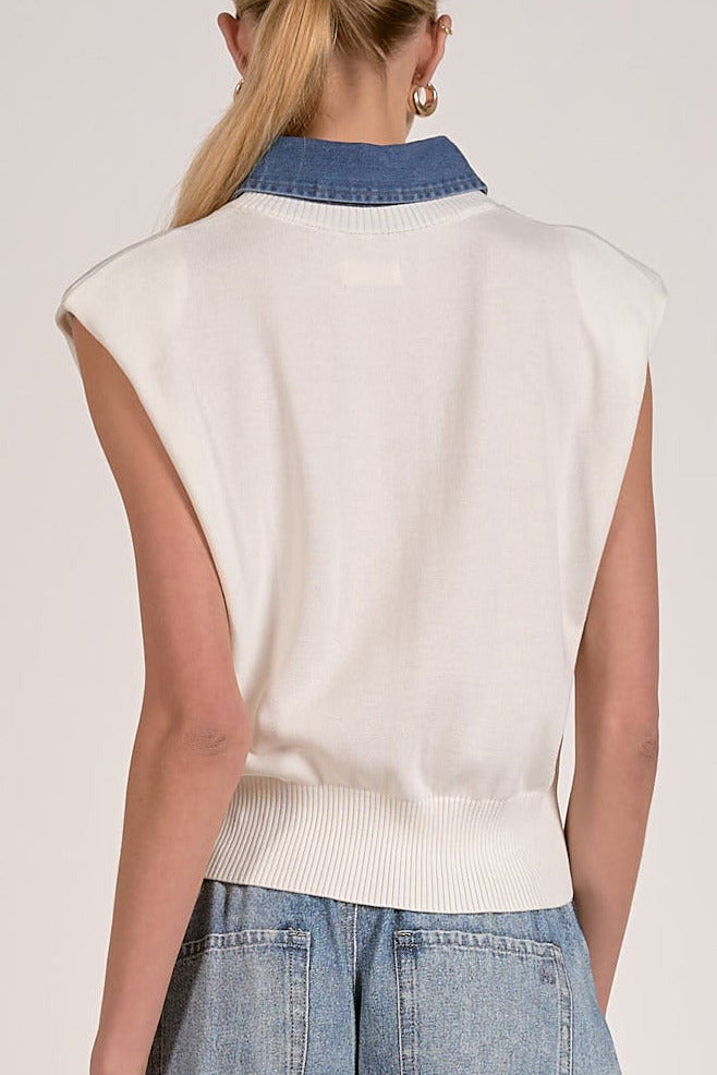 back of cap sleeve mixed media sweater top with contrast collar detail