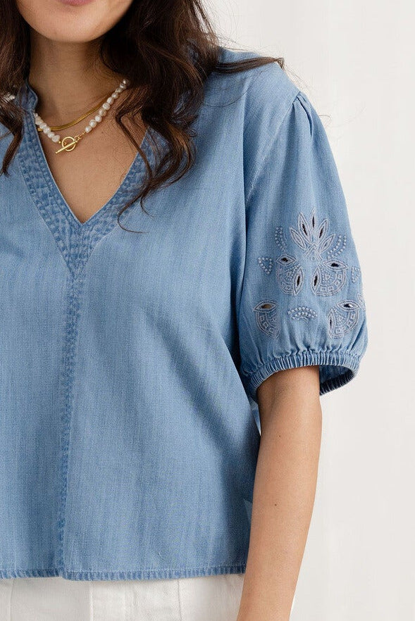 details on chambray v-neck embroidered sleeve top