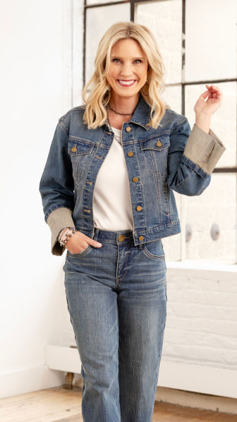 woman weaing Mac and Me Crop Fixed cuff jean jacket with fixed cuff denim jeans