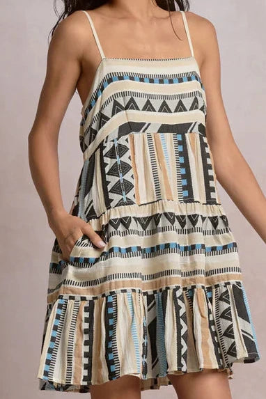 details on geometric stripe tiered mini dress with adjustable spaghetti straps