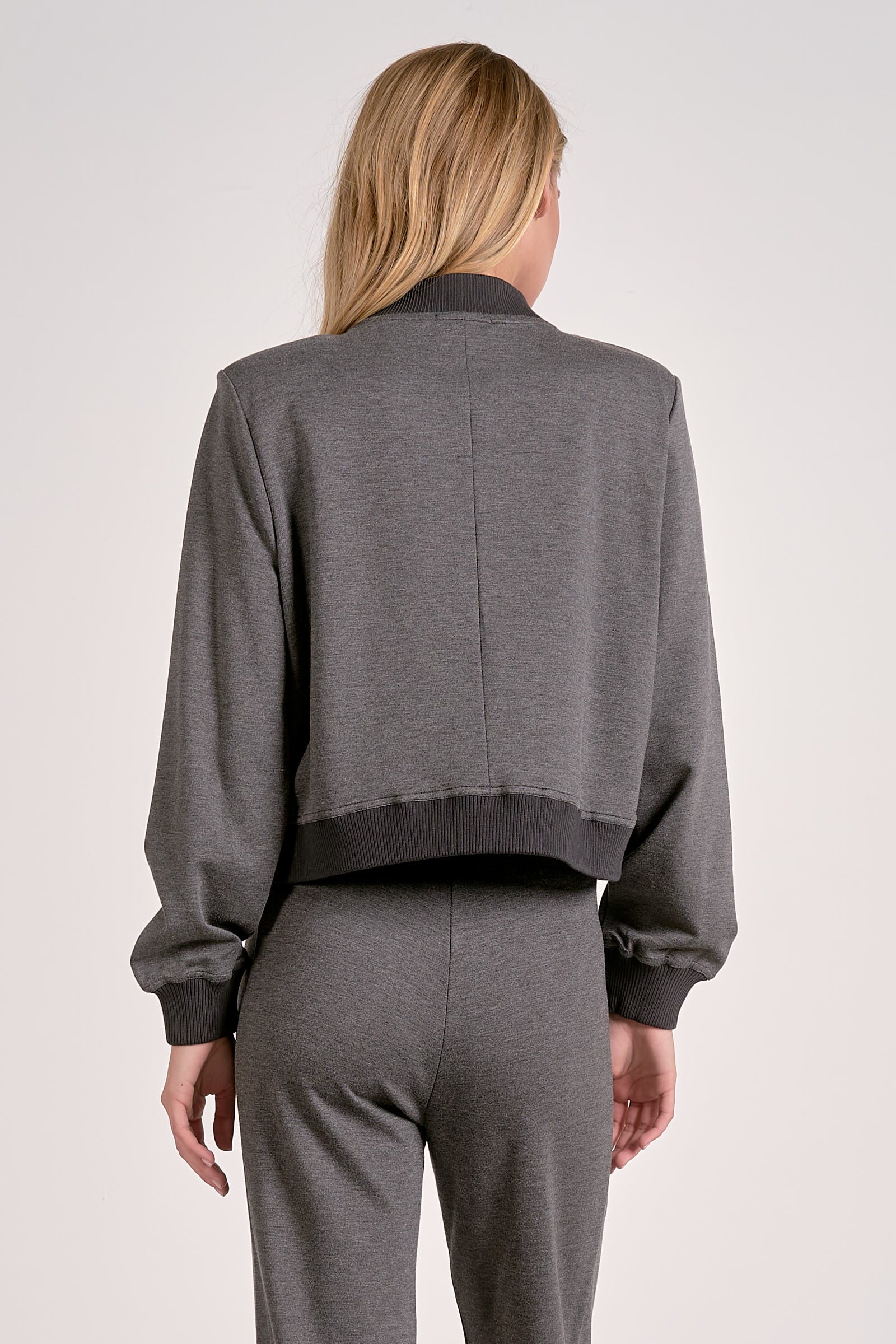 back view modern heather grey bomber jacket