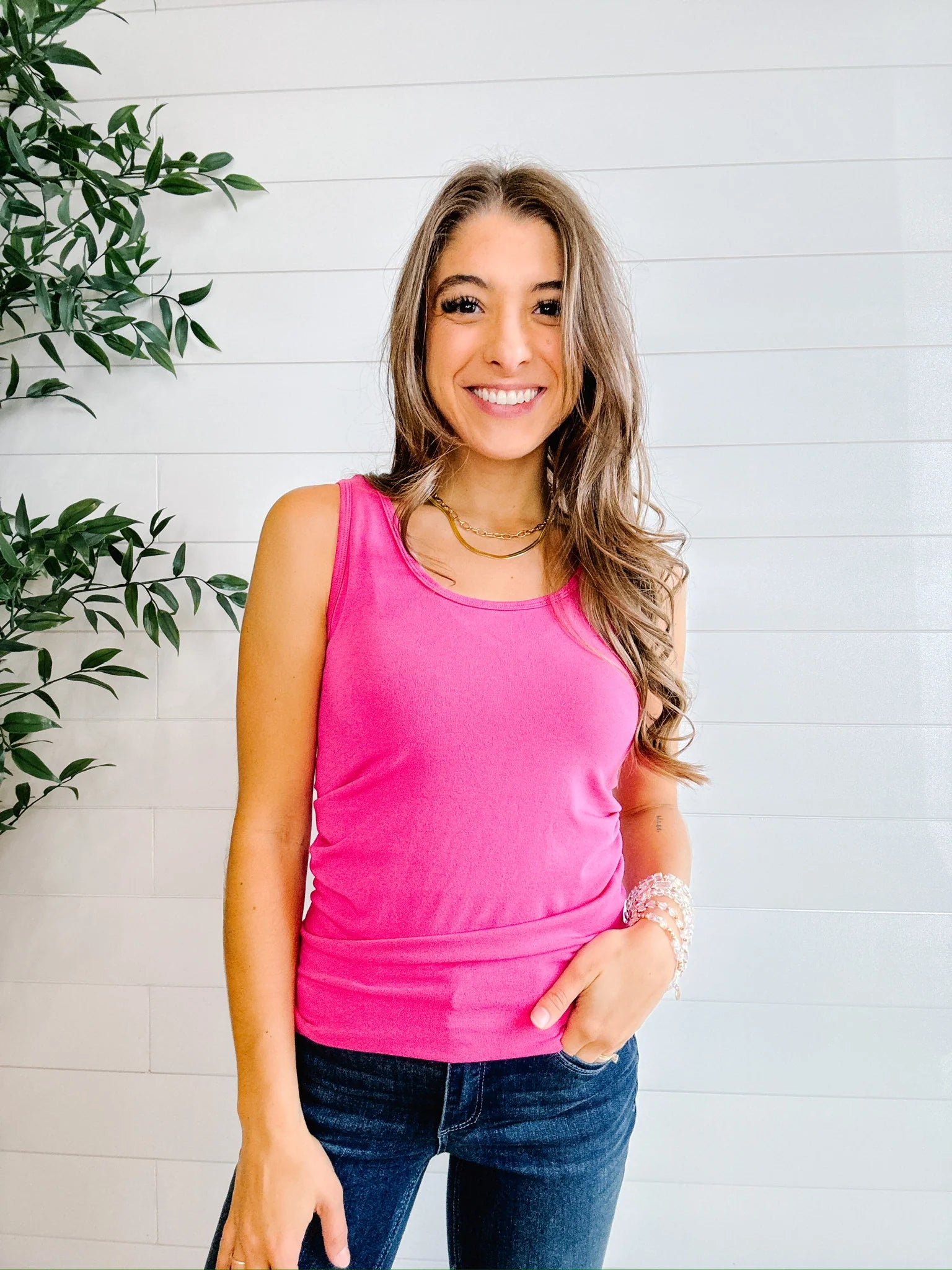 front of Mac and Me Essential Tank in Hot Pink — fitted sleeveless cotton blend top on model