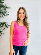 front of Mac and Me Essential Tank in Hot Pink — fitted sleeveless cotton blend top on model