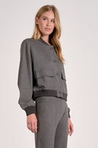 back view modern heather grey bomber jacket