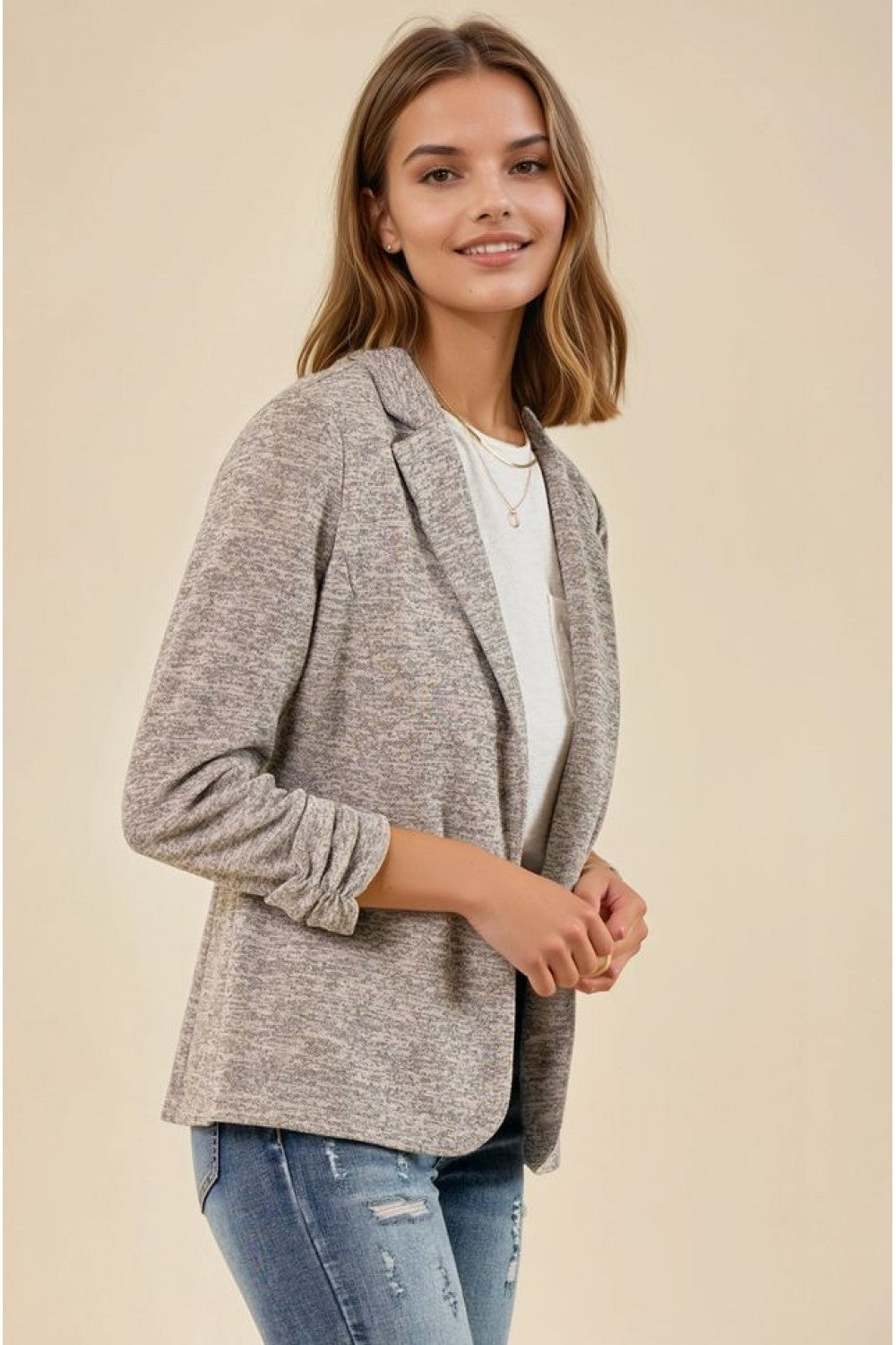 Toffee knit blazer with shirred sleeves side view