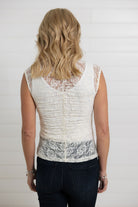 Back view of Mac and Me ivory lace mock neck fitted top